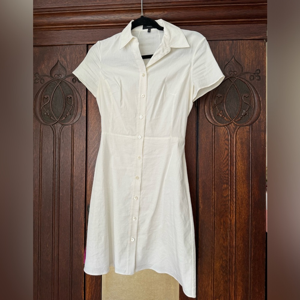 Theory Button Down Linen Shirt Dress in White